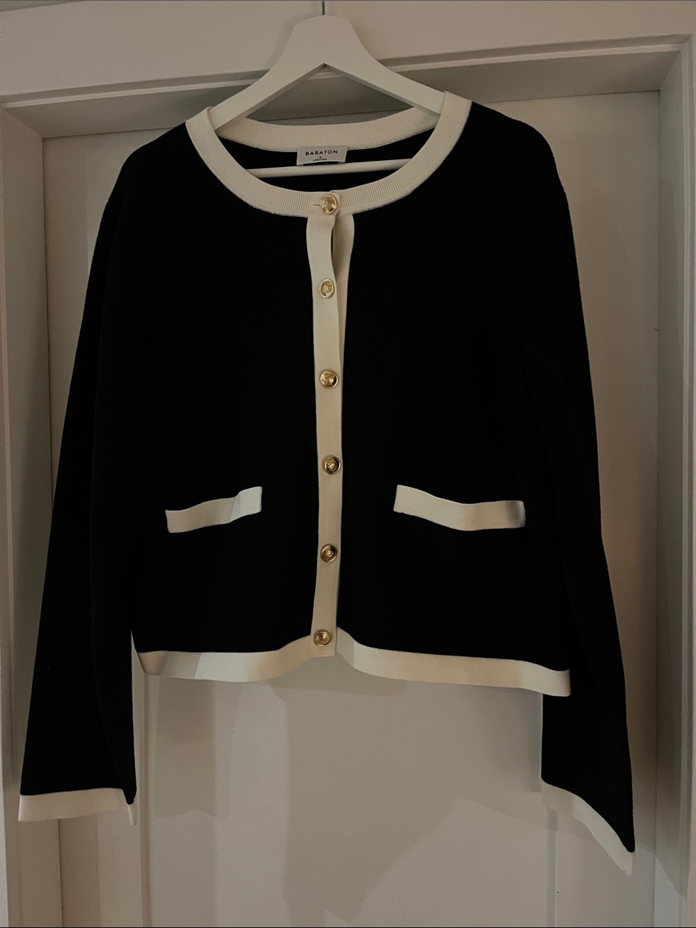 Aritzia Babaton Black Cardigan with Cream Trim and Gold Buttons